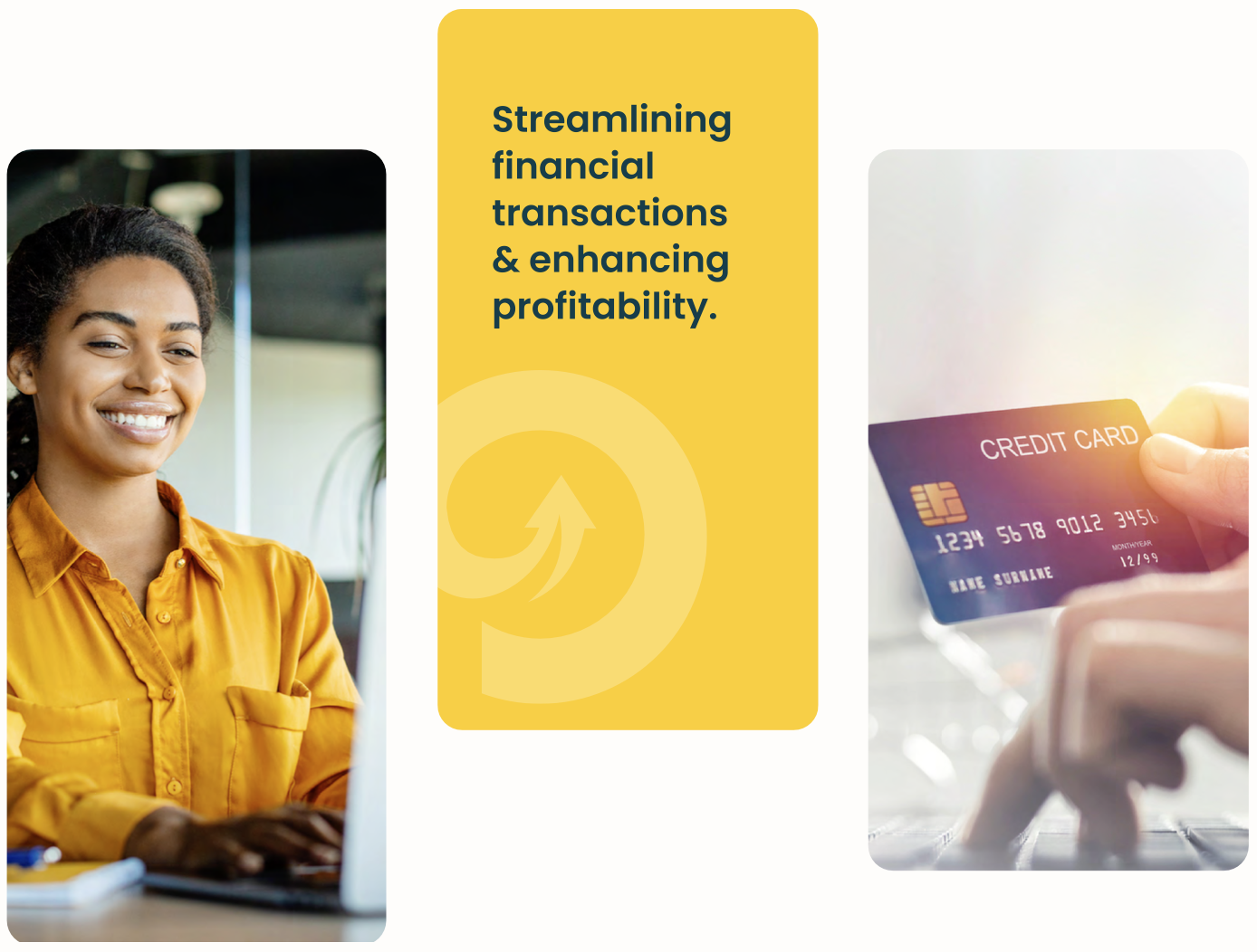 An image showing a female smiling while working on her laptop. A brand callout: "Streamlining financial transactions & enhancing profitability." And finally a person holding a credit card while online shopping.